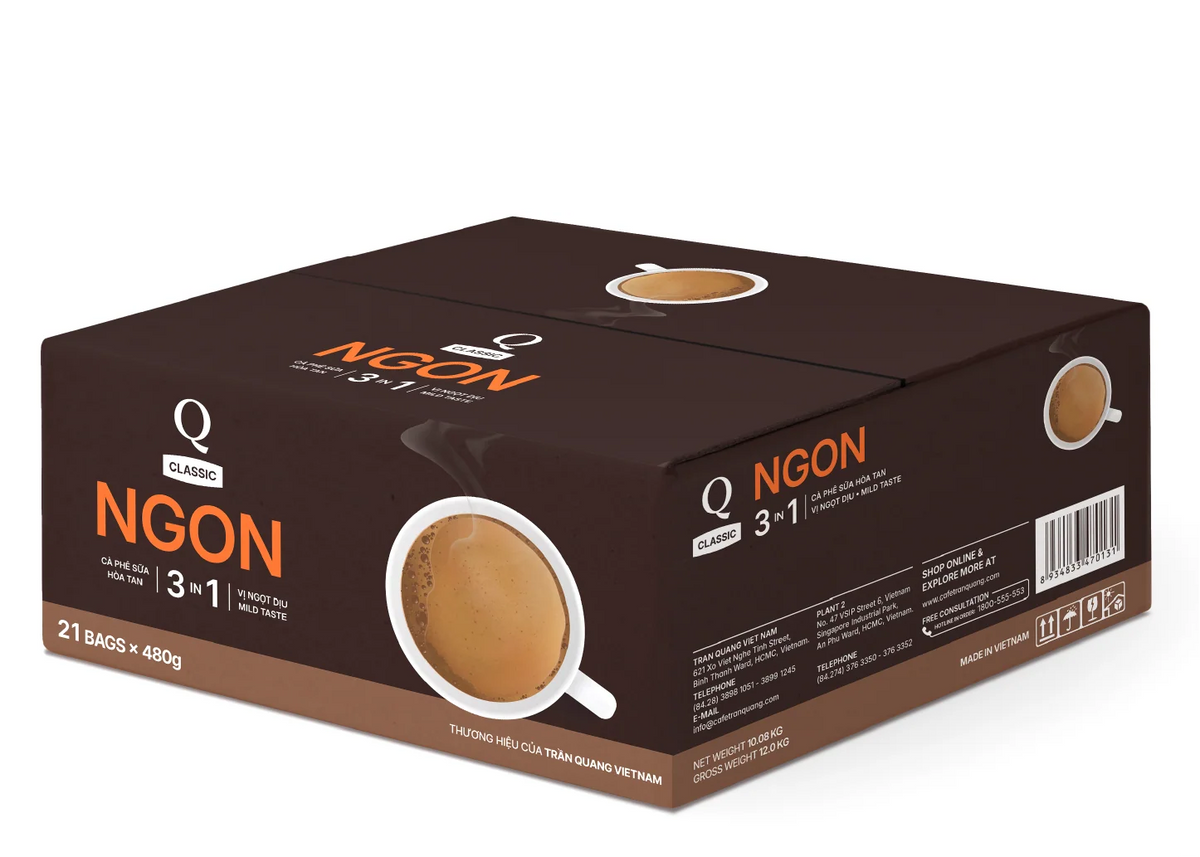 Q Classic Ngon 3-in-1 Instant Coffee – Case of 21 Bags (504 Sticks)